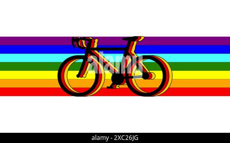 Germania in bicicletta, le sagome delle biciclette costituiscono la bandiera tedesca dietro i colori dell'arcobaleno, viaggiare è colore e gioia. Sport d'orgoglio Foto Stock