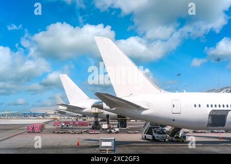 Code di alcuni aerei all'aeroporto durante le operazioni di imbarco. Giorno di sole, con nuvole cielo blu. Concetti di viaggio e trasporto Foto Stock