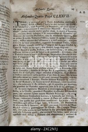 "Mappamondo Istorico". Seconda parte del volume III. Racconta la vita dei pontefici romani da Innocenzo III a Innocenzo XI. Capitolo dedicato ad Alessandro IV (ca. 1199-1261), papa dal 1254 al 1261. Di padre Antonio Foresti (1625-1692), della compagnia di Gesù. Parma, 1708. Foto Stock