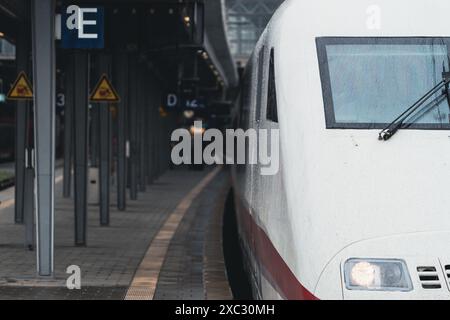 Treno tedesco ad alta velocità in una moderna piattaforma della stazione ferroviaria in una giornata di pioggia Foto Stock