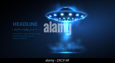 UFO che passa con il mouse su uno sfondo blu. Esplorazione della galassia, civiltà extraterrestre Illustrazione Vettoriale