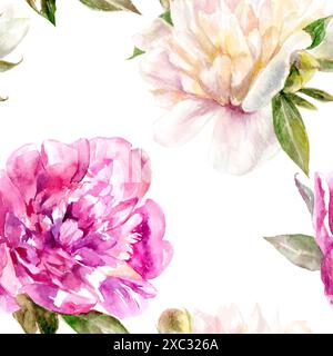 Questo elegante motivo floreale effetto peony acquerello senza cuciture è perfetto per i tessuti e la carta da parati Foto Stock