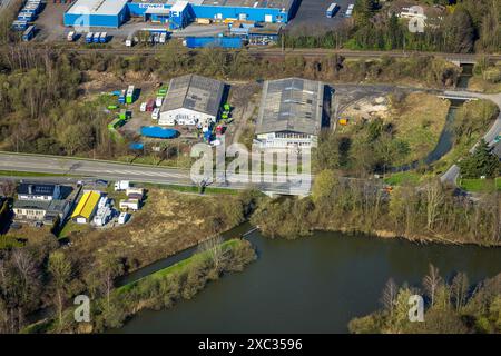 Vista aerea, tenda da circo e carovana presso il negozio di mobili Mustafa Altun Rustikale Polstermöbel, Vrasselt, Emmerich am Rhein, Renania settentrionale-Vestfalia, Ger Foto Stock