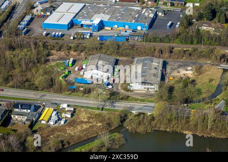 Vista aerea, tenda da circo e carovana presso il negozio di mobili Mustafa Altun Rustikale Polstermöbel, Vrasselt, Emmerich am Rhein, Renania settentrionale-Vestfalia, Ger Foto Stock