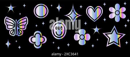 Set di adesivi olografici retro 90. Chrome Heart, Stars, Daisy Flowers, Smile, Butterfly, cerchio in stile Y2K isolato su nero. L'estetica della galassia del futuro, l'arte olografica di Chrome. Set di adesivi metallici lucidi. Illustrazione Vettoriale