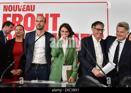 Parigi, Francia. 14 giugno 2024. I membri del Front populaire appena creato guardano prima di una conferenza stampa alla Maison de la Chimie di Parigi il 14 giugno 2024. Foto di Firas Abdullah/ABACAPRESS. COM credito: Abaca Press/Alamy Live News Foto Stock