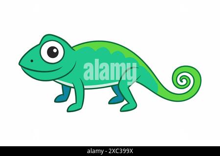 Colorato camaleonte dei cartoni animati isolato su sfondo bianco. Concetto di illustrazione di animali selvatici, stile minimalista, simpatica lucertola. Perfetto per la stampa, l'arte, Illustrazione Vettoriale