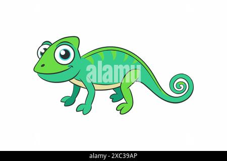 Colorato camaleonte dei cartoni animati isolato su sfondo bianco. Concetto di illustrazione di animali selvatici, stile minimalista, simpatica lucertola. Perfetto per la stampa, l'arte, Illustrazione Vettoriale