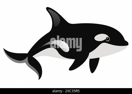 Balena nera e bianca isolata su uno sfondo bianco. Concetto di illustrazione di creature oceaniche, stile minimalista, vita marina, orca balena. Stampa, Illustrazione Vettoriale