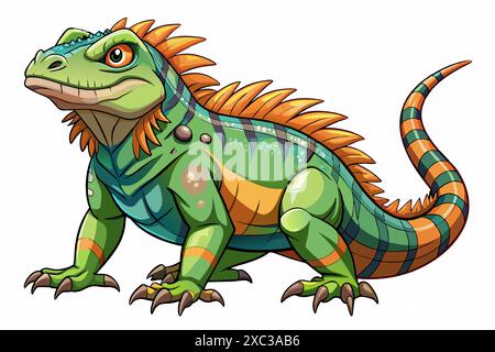 Iguana verde brillante con strisce arancioni e blu isolate su sfondo bianco. Concetto di illustrazione di animali selvatici, rettile carino e st. Minimalista Illustrazione Vettoriale