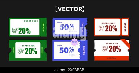 pacchetto 3d di buoni con diverse percentuali di sconto, codice coupon. Set di coupon isolato su sfondo scuro. Modello di voucher per la promozione speciale. Illustrazione vettoriale 3D. Illustrazione vettoriale Illustrazione Vettoriale