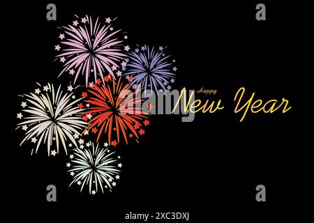 Felice anno nuovo design vettoriale, illustrazione colorata dei fuochi d'artificio Illustrazione Vettoriale