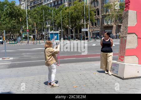 Barcellona ha una nuova scultura, situata all'estremità superiore del lussuoso Passeig de Gracia. L'opera dell'autore catalano Lle-, che risiede a New York, commemora il 200° anniversario della creazione del lungomare con una figura di cemento di 3 metri chiamata Pink Barcino. Barcelona tiene una nueva escultura, situada en la parte alta del lujoso Passeig de Grˆcia. La obra del autor catal‡n residente en Nueva York, LLU's Lle-, conmemora los 200 a-os de la creaci-n del paseo con una figura de cemento de 3 metros llamada Pink Barcino. Nella foto: Pink barcino News Politics - Barcellona, Spagna fr Foto Stock