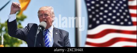 Washington D.C., USA - luglio 27 2017: Donald Trump in una manifestazione politica che alza il pugno in un gesto di sfida o di successo - striscione con l'fla americana Foto Stock