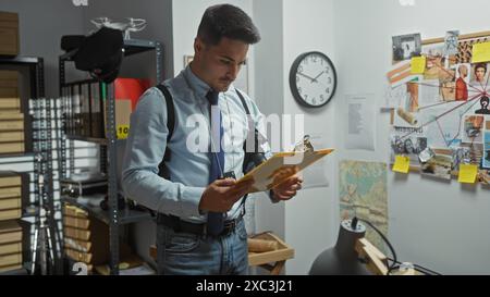 Un giovane ispanico esamina un fascicolo del caso nell'ufficio di un detective, completo di un Consiglio di indizi e un orologio sul muro. Foto Stock