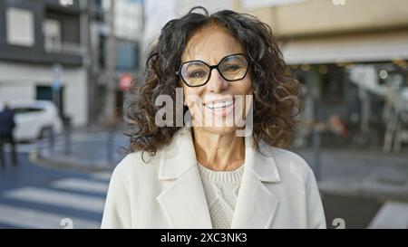Una donna ispanica sorridente e matura che indossa gli occhiali si trova in una vivace scena urbana. Foto Stock