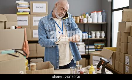Un uomo di mezza età con la barba che inventava donazioni in un deposito, circondato da scatole di cartone e scaffali. Foto Stock