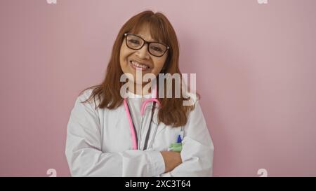 Una dottoressa ispanica matura, con le braccia incrociate, sorridente con fiducia, e vestita con uno stetoscopio rosa, in piedi contro un rosa Foto Stock