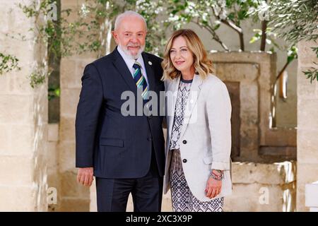 Borgo Egnazia, Italia. 14 giugno 2024. La Presidente del Consiglio Giorgia Meloni e il presidente del Brasile Ignazio Lula da Silva durante la riunione dei capi di Stato e di governo dei Paesi G7 a Borgo Egnazia, Venerd&#xec;, 14 giugno 2024 (foto Roberto Monaldo/LaPresse) il primo Ministro Giorgia Meloni e il Presidente del Brasile Ignazio Lula da Silva durante l'incontro dei Capi di Stato e di governo dei Paesi del G7 a Borgo Egnazia, venerdì 14 giugno 2024 (foto di Roberto Monaldo/LaPresse) crediti: LaPresse/Alamy Live News Foto Stock