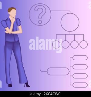 Una donna utilizza un diagramma ad albero decisionale per identificare un problema o un'opportunità nel processo decisionale. Concetto di business. Illustrazione vettoriale 2D. Illustrazione Vettoriale