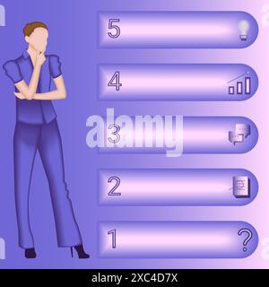 Una donna utilizza 5 passaggi per identificare un problema o un'opportunità nel processo decisionale. Concetto di business. Illustrazione vettoriale 2D. Illustrazione Vettoriale