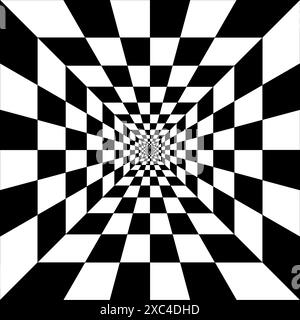 Prospettiva di quadrati bianchi e neri, l'illusione di un tunnel. Vettore di sfondo geometrico scacchi prospettiva astratta. Illustrazione Vettoriale