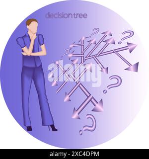 Una donna utilizza un albero decisionale per identificare un problema o un'opportunità nel processo decisionale. Concetto di business. Illustrazione vettoriale 2D. Illustrazione Vettoriale