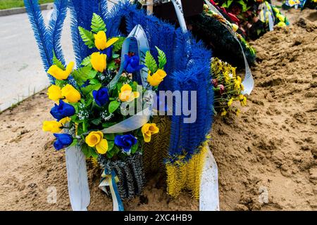 Charkiv, Ucraina, 13 giugno 2024 Aleya Slavy, cimitero militare a sud di Charkiv. Le tombe dei soldati, eroi che hanno difeso l'Ucraina sono coperte Foto Stock