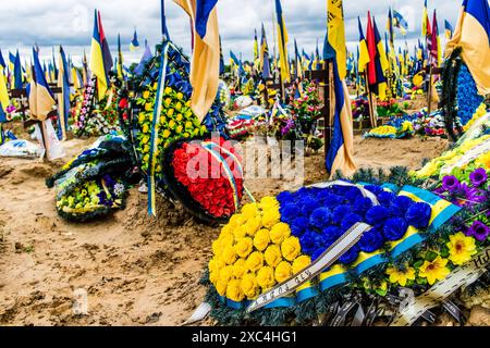 Charkiv, Ucraina, 13 giugno 2024 Aleya Slavy, cimitero militare a sud di Charkiv. Le tombe dei soldati, eroi che hanno difeso l'Ucraina sono coperte Foto Stock