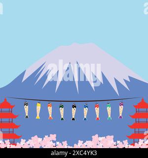 Immagine vettoriale del biglietto d'auguri Golden Week. Monte Koinobori, sakura e Fuji su sfondo tradizionale giapponese. Illustrazione Vettoriale