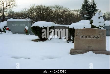 Aurora, Illinois, U.S.A., circa 1991. Nomi di famiglia rumeni sulle lapidi di un cimitero cattolico cristiano. Foto Stock