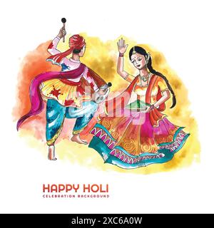 Bella coppia che suona festival di colori holi sfondo colorato Illustrazione Vettoriale