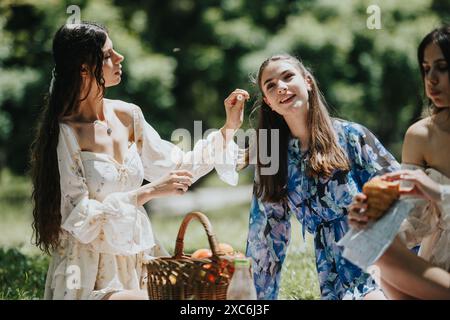 Amici e sorelle che si godono un picnic all'aperto nel parco, atmosfera estiva informale Foto Stock