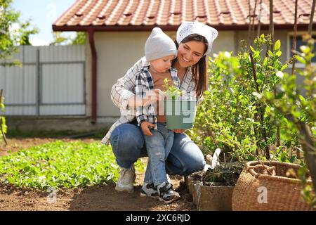 Madre e suo figlio carino piantano insieme un albero in giardino Foto Stock