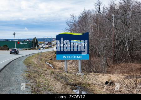 Benvenuto al cartello di Port Hawkesbury sulla NS 104 in nuova Scozia, Canada Foto Stock