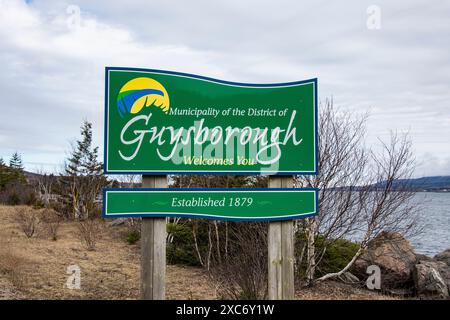 Benvenuto all'insegna del distretto di Guysborough sulla NS 104 a Aulds Cove, nuova Scozia, Canada Foto Stock