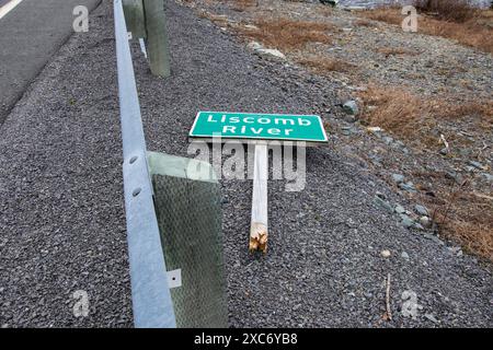 Cartello autostradale Broken Liscomb River a Liscomb, nuova Scozia, Canada Foto Stock