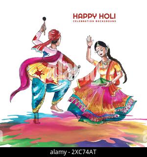 Bella coppia che suona festival di colori holi sfondo colorato Illustrazione Vettoriale