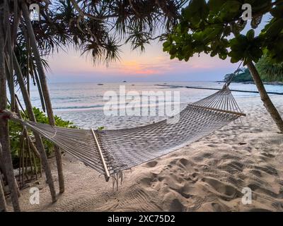 Rilassatevi su un'amaca sulla spiaggia di Bang Tao, Phuket, Thailandia Foto Stock