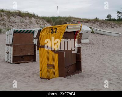Due sdraio vuote sulla spiaggia, circondate da sabbia e dune sotto un cielo nuvoloso, ahrenshoop, zingst, germania Foto Stock