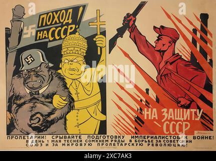 Un poster di propaganda sovietico vintage del 1930 che mostra una scimmia in uniforme nazista e un soldato vittorioso. Lo slogan legge i proletari! Sconvolgere la preparazione degli imperialisti alla guerra! Il giorno del 1° maggio, si chiudono i ranghi nella lotta per l'Unione Sovietica e per la rivoluzione proletaria mondiale! L'offensiva contro l'URSS! Foto Stock