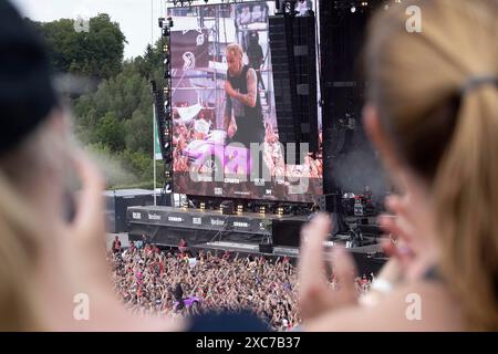 Adenau, Germania, 8 giugno 2024: I fan ascoltano la band Donots al Rock am Ring. Il festival si svolge presso il circuito di Nuerburgring vicino alla città Foto Stock