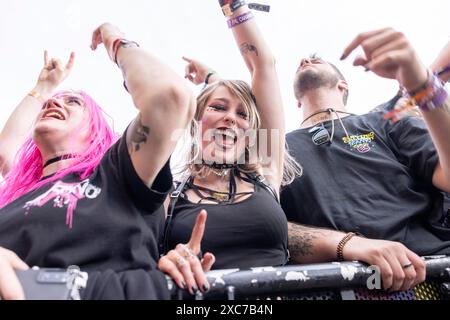 Adenau, Germania, 8 giugno 2024: I fan ascoltano Electric Callboy al Rock am Ring. Il festival si svolge presso il circuito di Nuerburgring vicino alla città Foto Stock