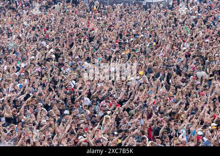 Adenau, Germania, 8 giugno 2024: I fan ascoltano la band Donots e alzano le braccia in aria al Rock am Ring. Il festival si svolge al Foto Stock