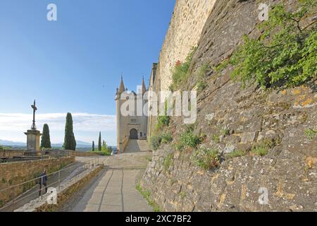 Torri gemelle storiche con bastioni all'ingresso del castello, fortificazioni cittadine, cipresso, croce, Grignan, Drome, Tricastin, Provenza, Francia Foto Stock