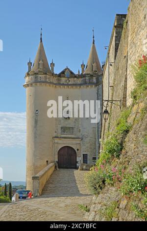 Torri gemelle storiche con bastioni all'ingresso del castello, fortificazioni cittadine, Grignan, Drome, Tricastin, Provenza, Francia Foto Stock