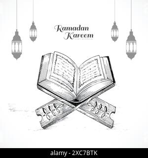 Disegno disegnato a mano del libro sacro del corano sullo stand design ramadan kareem Illustrazione Vettoriale