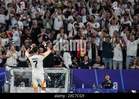 Monaco, Germania. 14 giugno 2024. La Germania Kai Havertz celebra il punteggio ottenuto durante la partita UEFA Euro 2024 di gruppo A tra Germania e Scozia a Monaco di Baviera, Germania, il 14 giugno 2024. Crediti: Peng Ziyang/Xinhua/Alamy Live News Foto Stock