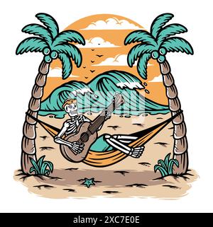 Teschio che suona la chitarra sulla spiaggia Illustrazione Vettoriale