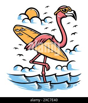 Surfista flamingo sulla spiaggia Illustrazione Vettoriale